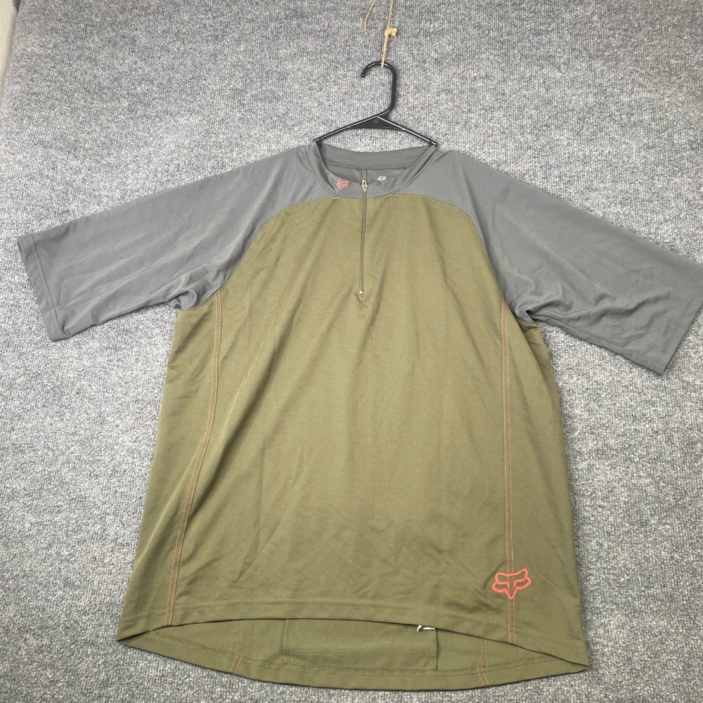 Fox Racing Mens XL MTB Jersey Olive Green Grey Quarter Zip Short Sleeve Cycling